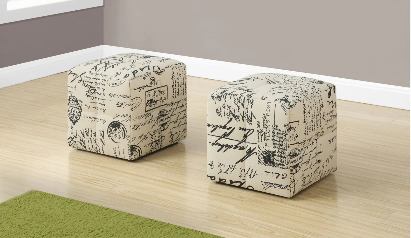 Monarch Specialties Vintage Print Juvenile Ottoman - Set Of 2 in Beige by Monarch Specialties