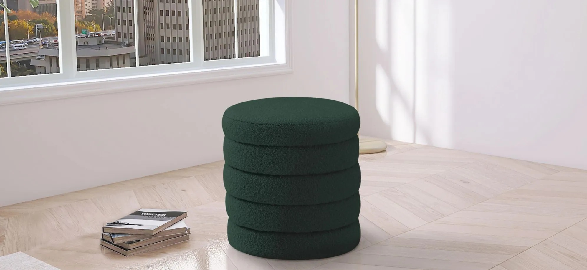 Aphia Boucle Fabric Ottoman/Stool in Green by Meridian Furniture