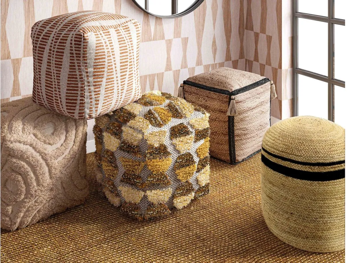 Ember Woven Pouf in Cream, Natural by Tov Furniture