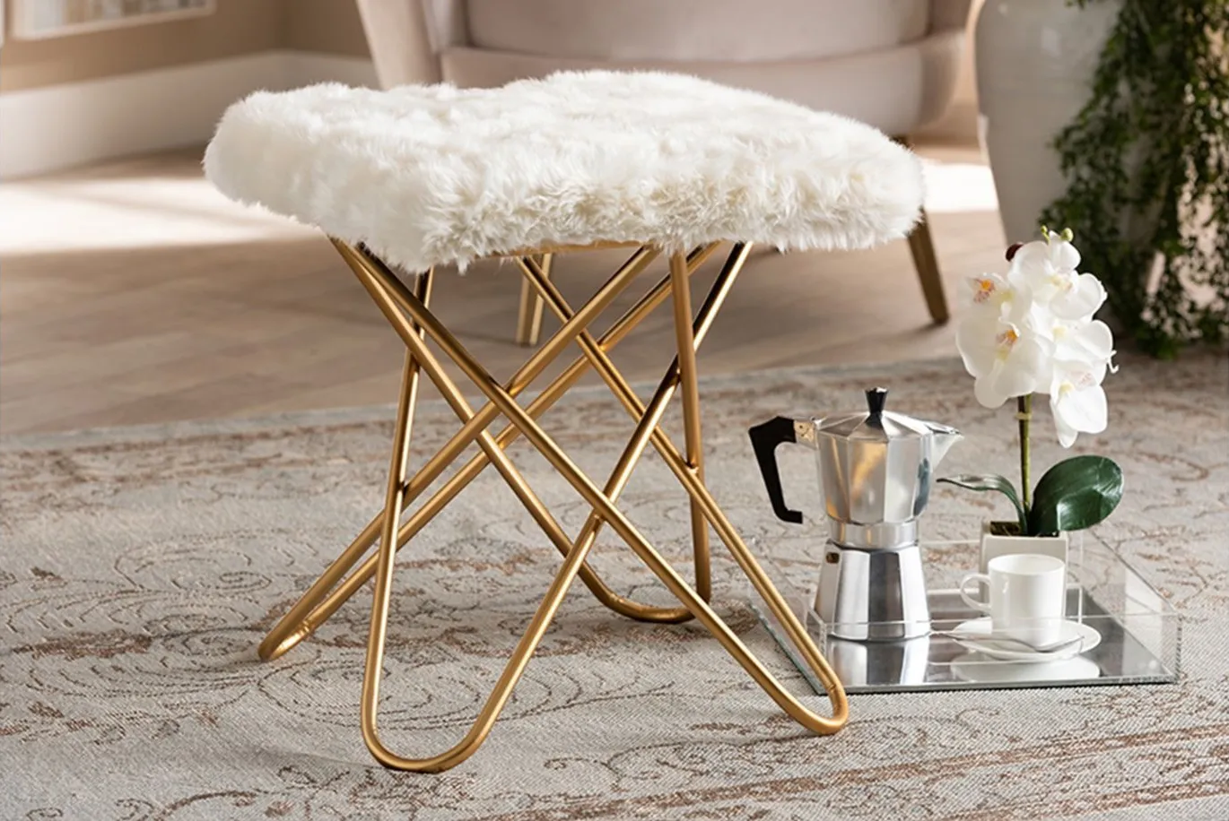 Valle Ottoman in White/Gold by Wholesale Interiors