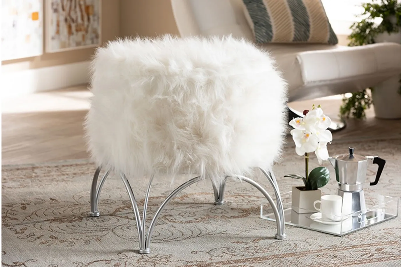 Celia Ottoman in White/Silver by Wholesale Interiors