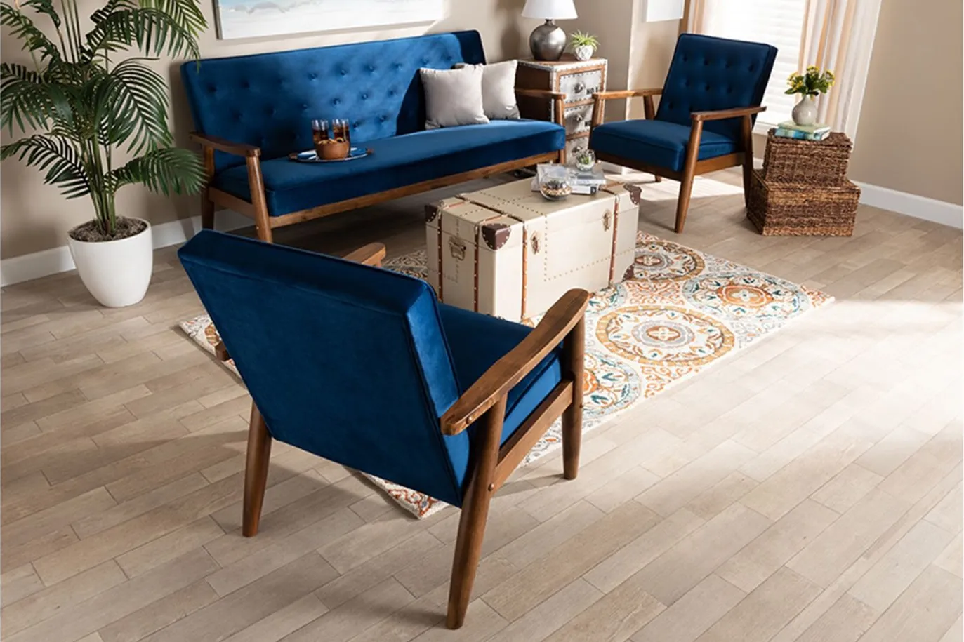Sorrento 3-pc. Living Room Set in Navy Blue/Brown by Wholesale Interiors
