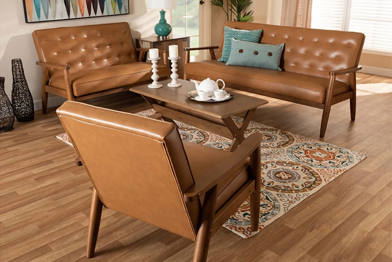 Sorrento 3-pc. Living Room Set in Tan/Walnut Brown by Wholesale Interiors