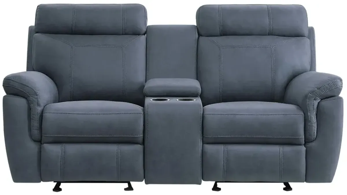 Walter Double Glider Reclining Loveseat With Center Console in Blue by Homelegance