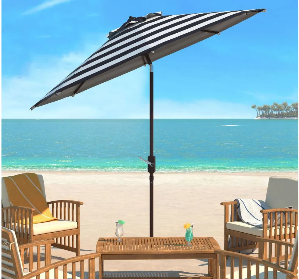 Marcie Outdoor UV-Resistant Auto-Tilt Umbrella in Natural / Navy /Beige by Safavieh