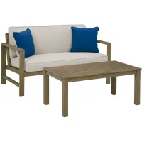 Fynnegan Outdoor Loveseat with Table in Light Brown by Ashley Furniture