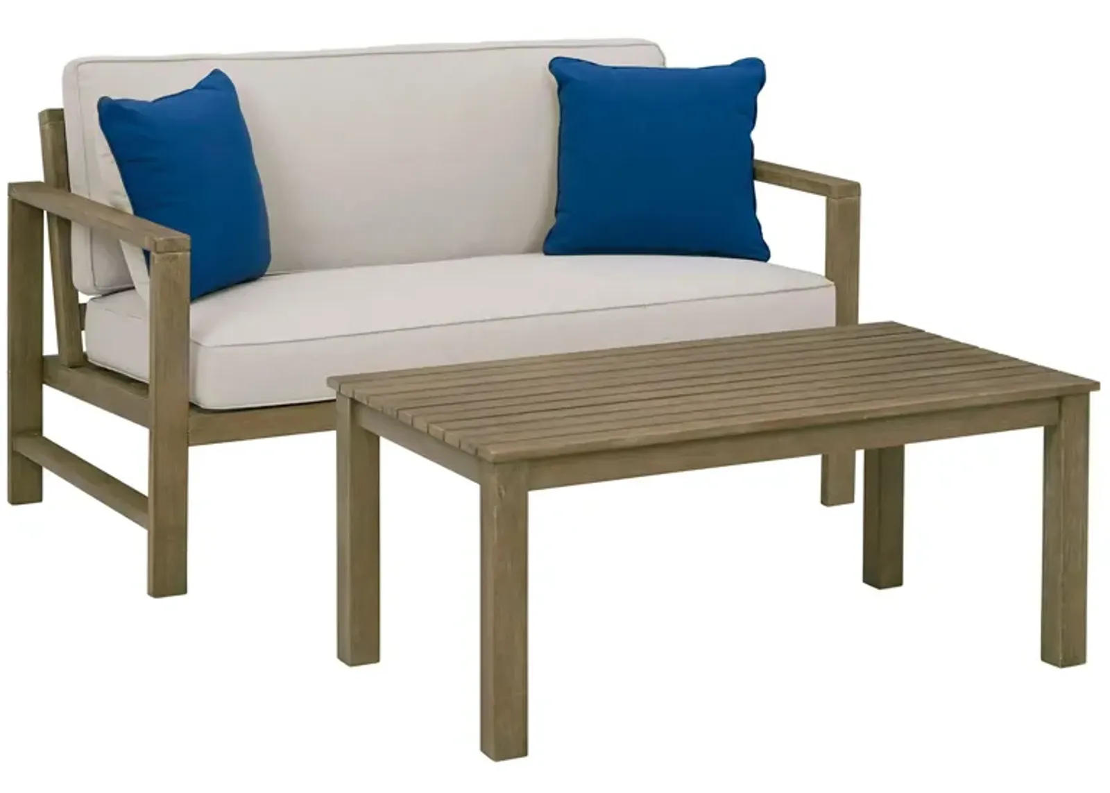 Fynnegan Outdoor Loveseat with Table in Pebble by Ashley Furniture