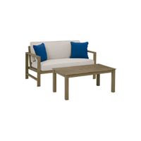 Fynnegan Outdoor Loveseat with Table in Pebble by Ashley Furniture