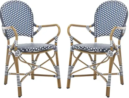 Dario Outdoor Stacking Arm Chair -Set of 2 in Navy Stripes by Safavieh