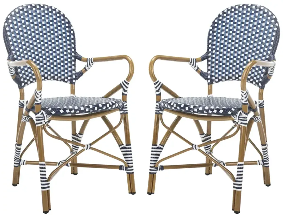 Dario Outdoor Stacking Arm Chair -Set of 2 in Navy Stripes by Safavieh