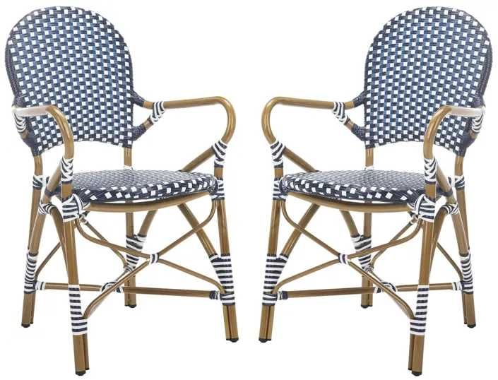 Dario Outdoor Stacking Arm Chair -Set of 2 in Navy Stripes by Safavieh