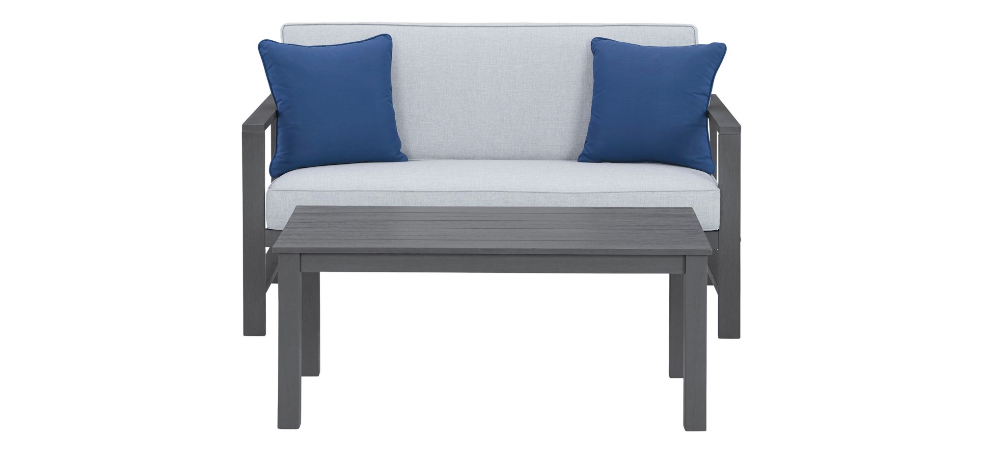 Fynnegan Outdoor Loveseat with Table in Stone by Ashley Furniture