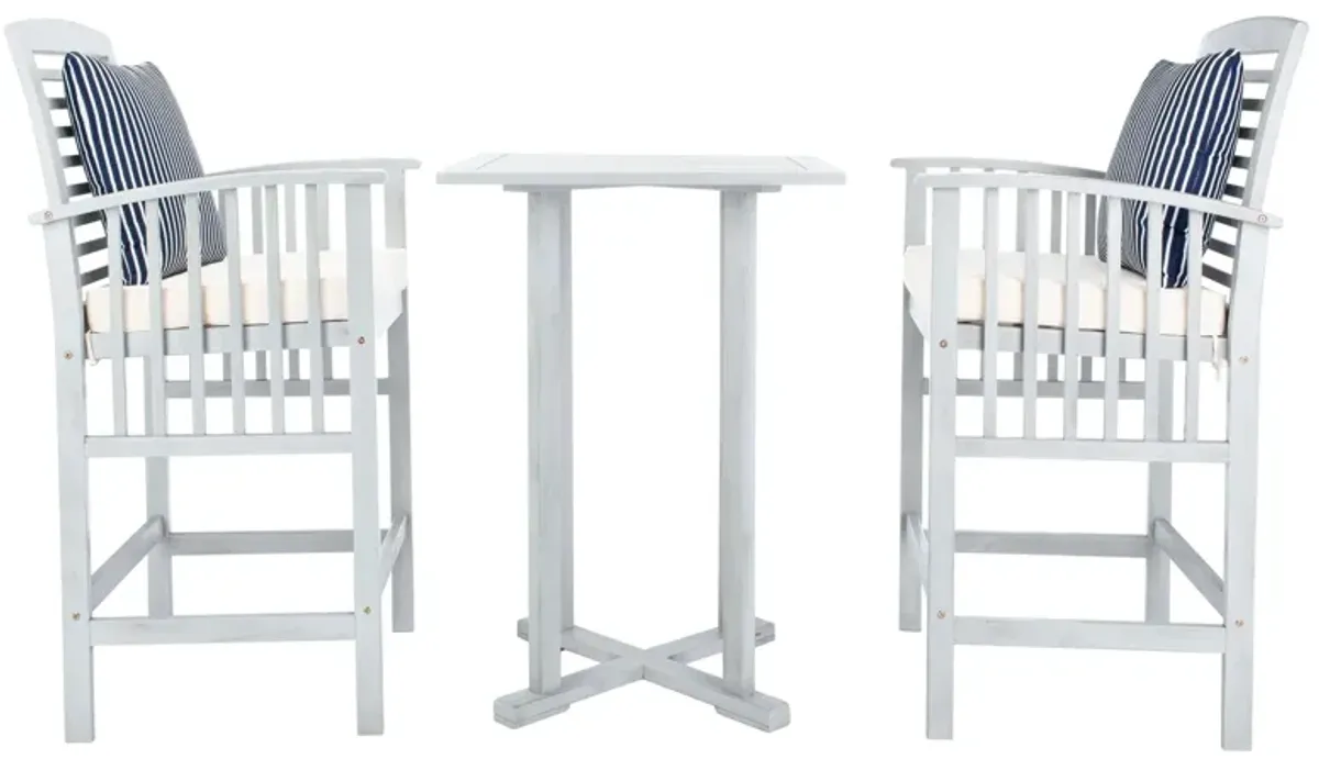 Davies 3-pc. Outdoor Pub Table Set in Blue Stripe / White by Safavieh