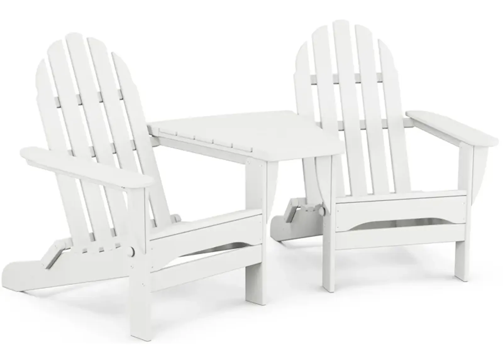 Classic Folding Adirondacks Chair with Angled Connecting Table in White by Polywood