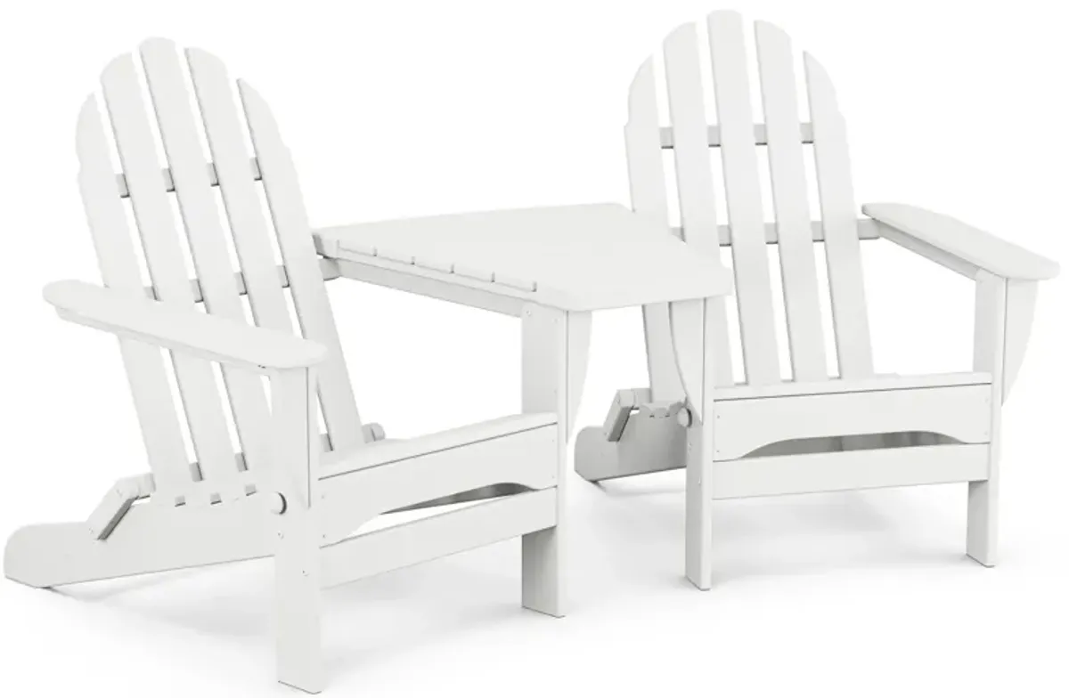 Classic Folding Adirondacks Chair with Angled Connecting Table in White by Polywood