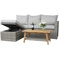 3 pc. Teak and Wicker Storage Sectional Group with Coffee Table in Grey by Outdoor Interiors