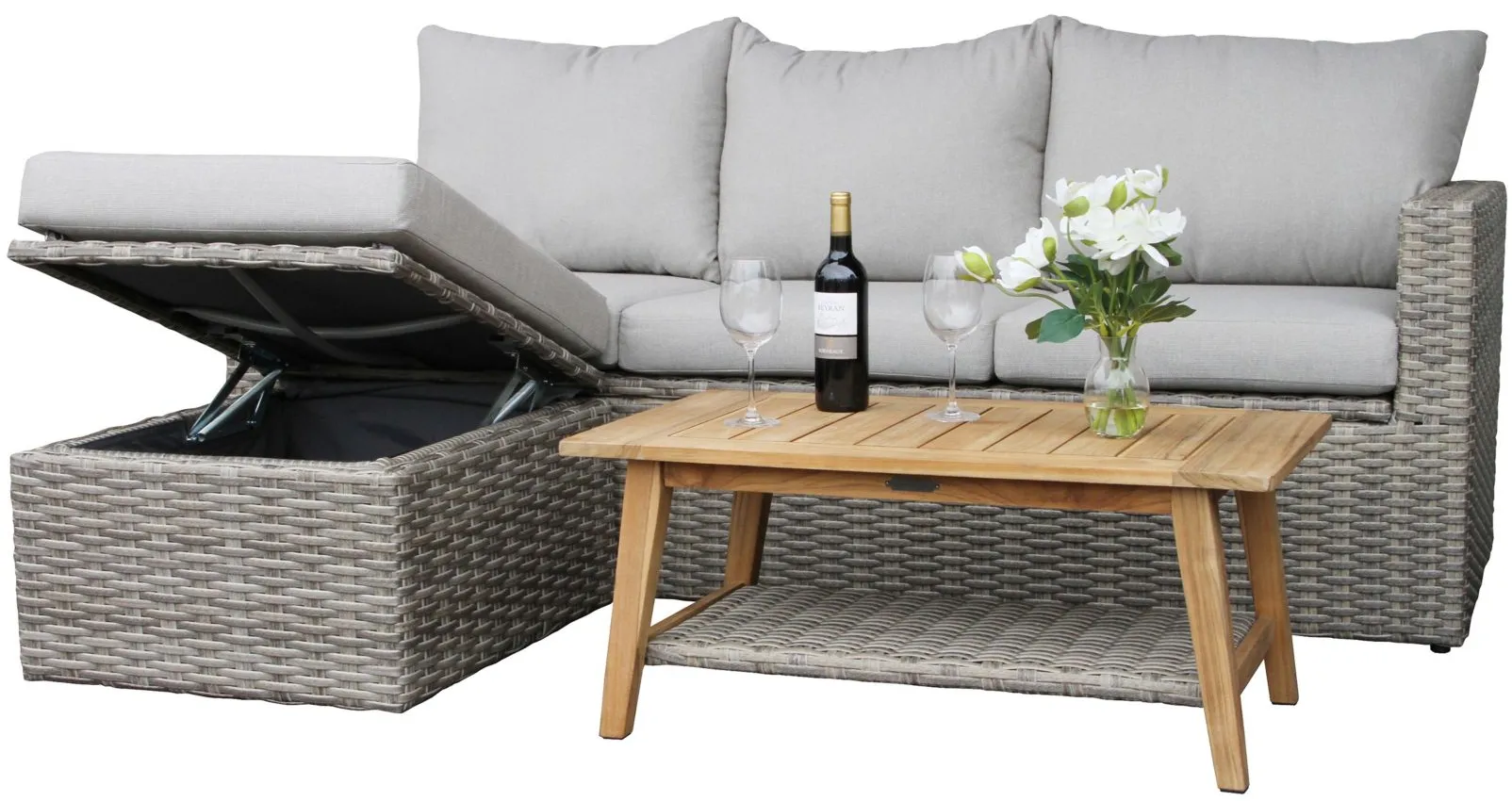 3 pc. Teak and Wicker Storage Sectional Group with Coffee Table in Grey by Outdoor Interiors