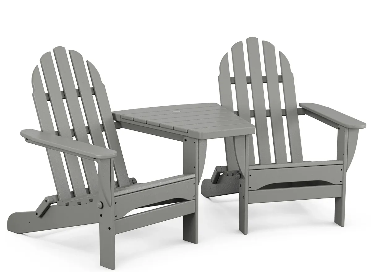 Classic Folding Adirondacks Chair with Angled Connecting Table in Slate Grey by Polywood