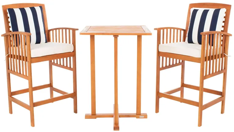 Garretson 3-pc. Outdoor Pub Table Set in Natural / Beige /Navy Stripe by Safavieh