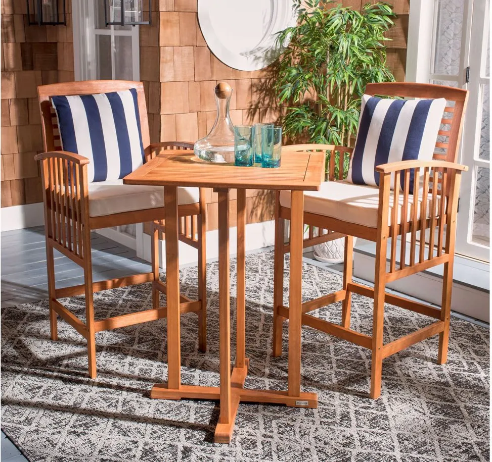 Garretson 3-pc. Outdoor Pub Table Set in Natural / Beige /Navy Stripe by Safavieh