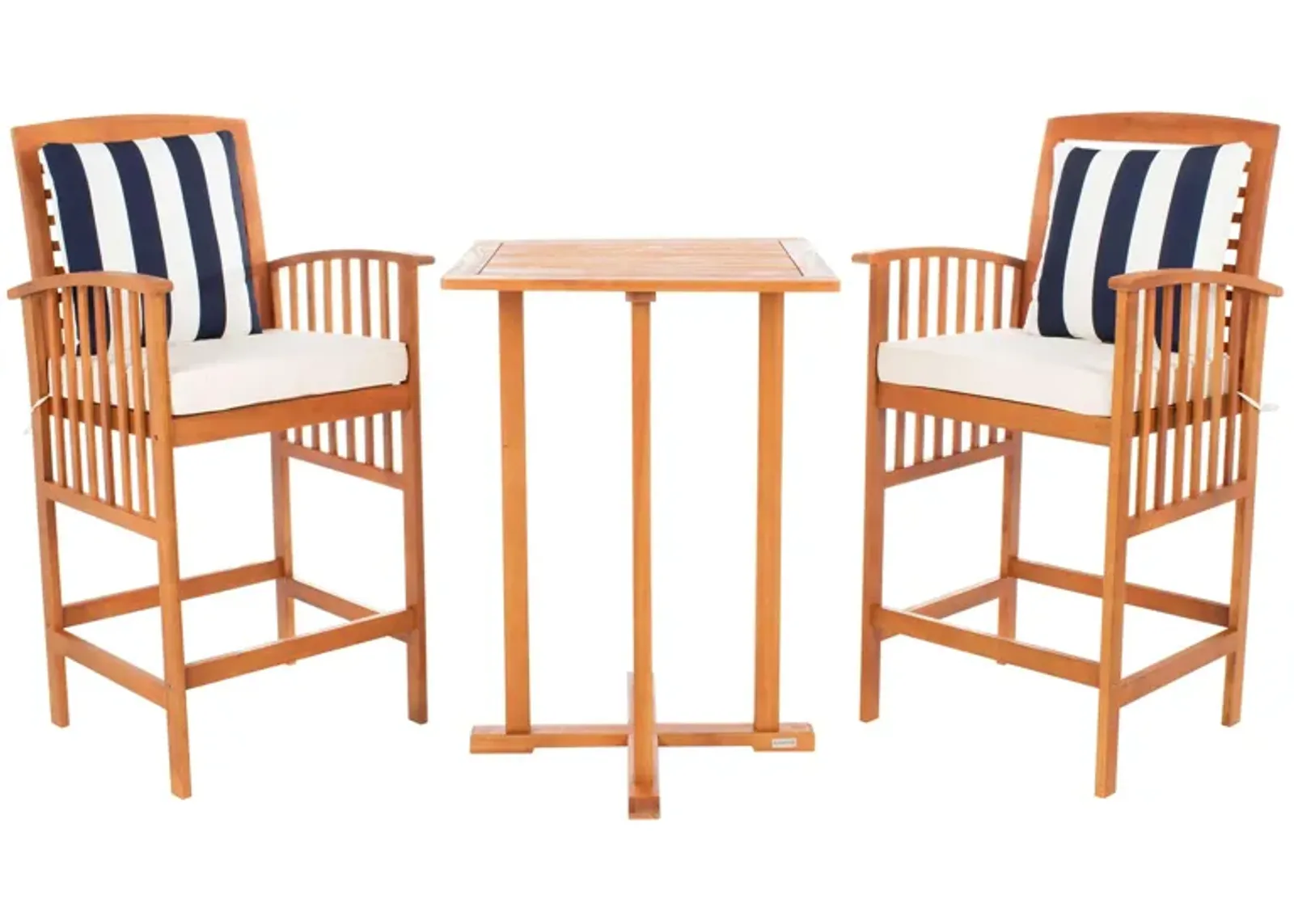 Garretson 3-pc. Outdoor Pub Table Set in Natural / Beige /Navy Stripe by Safavieh