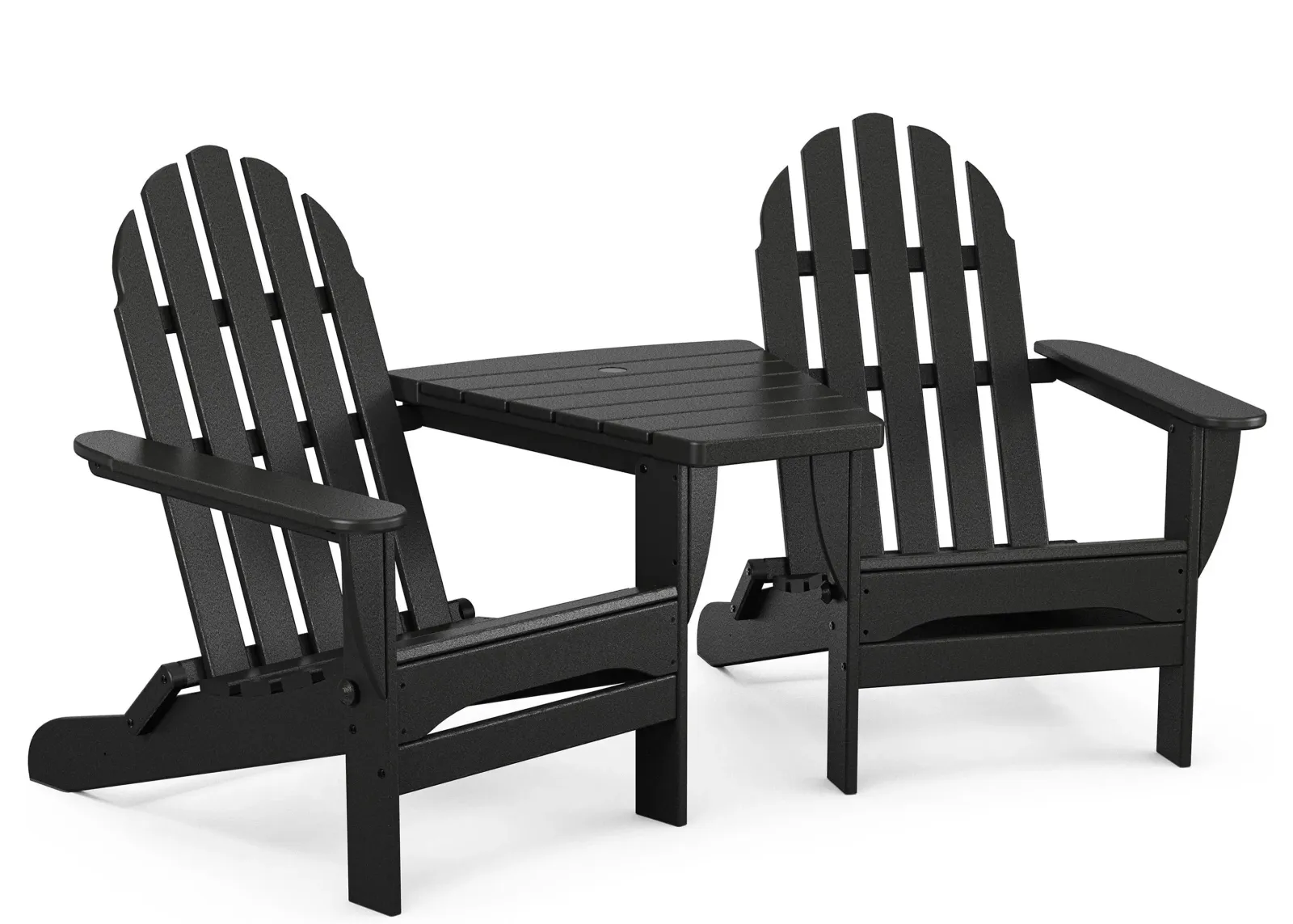 Classic Folding Adirondacks Chair with Angled Connecting Table in Black by Polywood