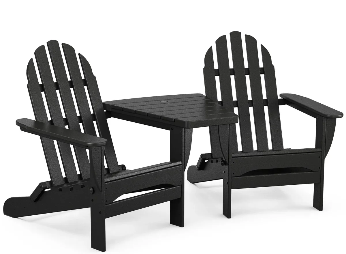 Classic Folding Adirondacks Chair with Angled Connecting Table in Black by Polywood