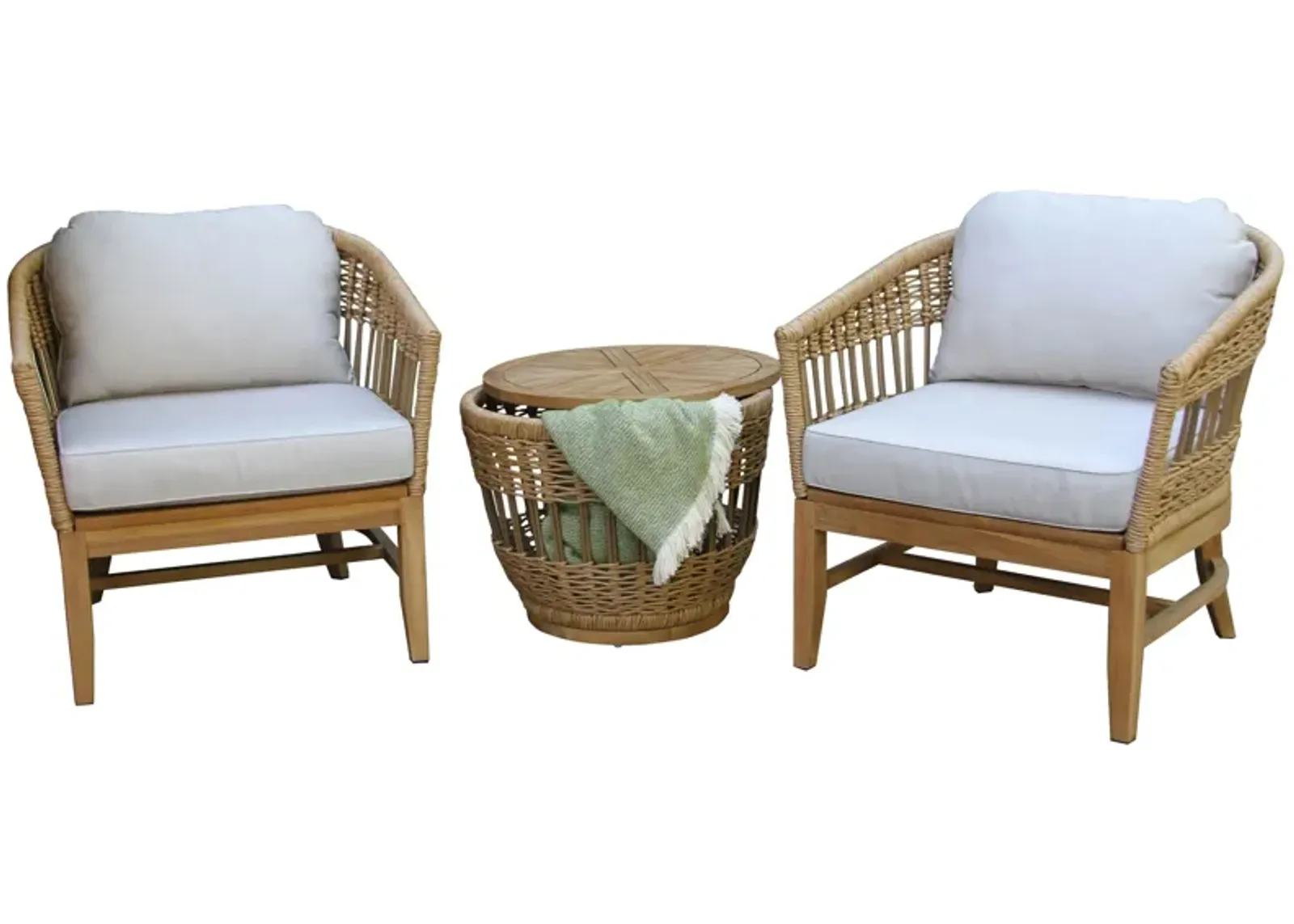 Bohemian 3 pc. Lounge Set with Wicker Accent Table in Teak by Outdoor Interiors