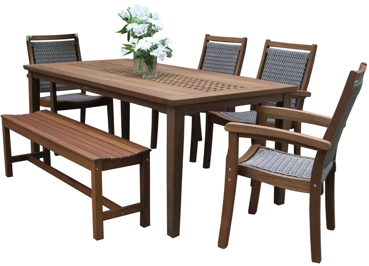 Farmhouse 6 pc. Dining Set with Wicker Chairs in Brown by Outdoor Interiors