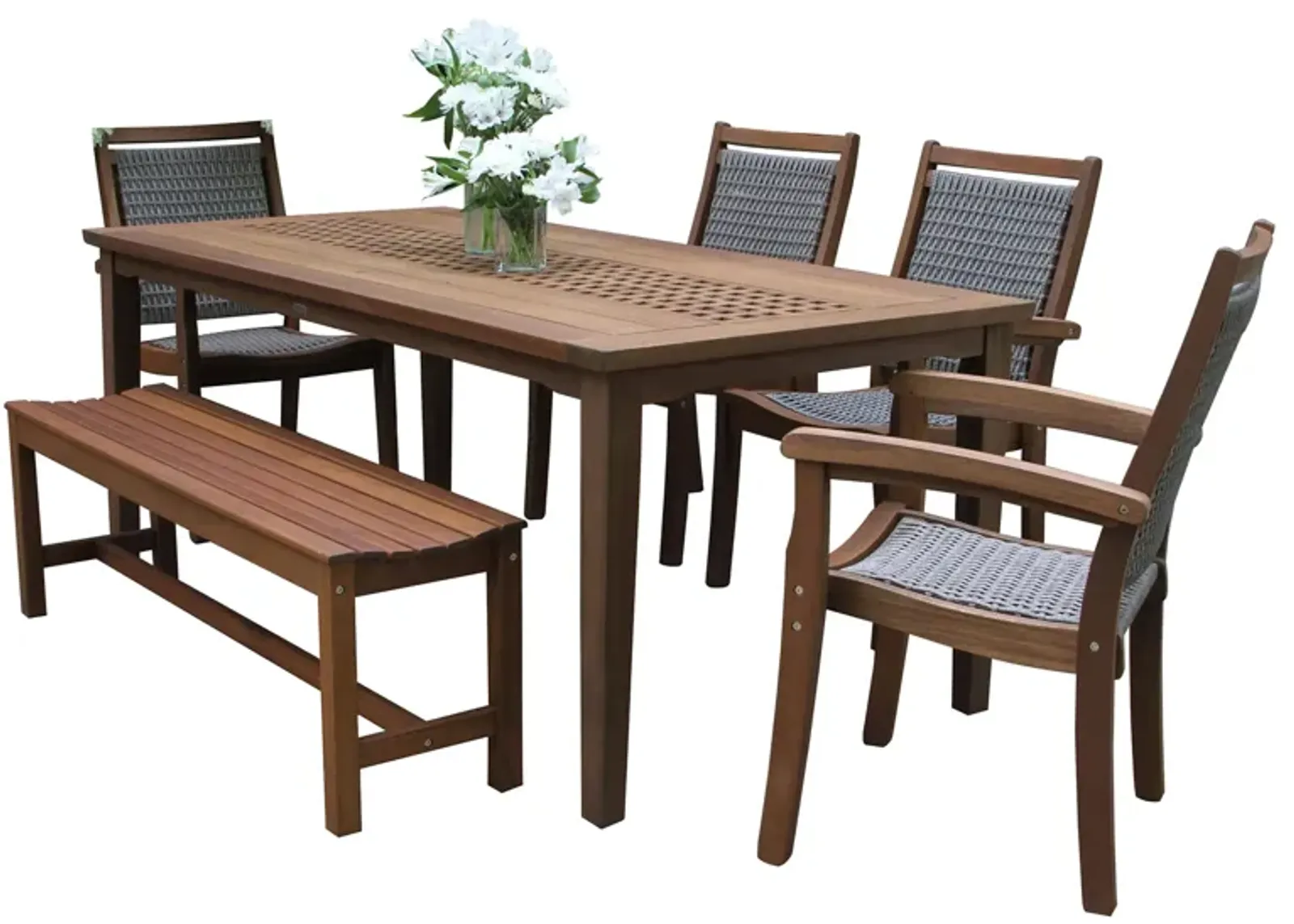 Farmhouse 6 pc. Dining Set with Wicker Chairs in Brown by Outdoor Interiors