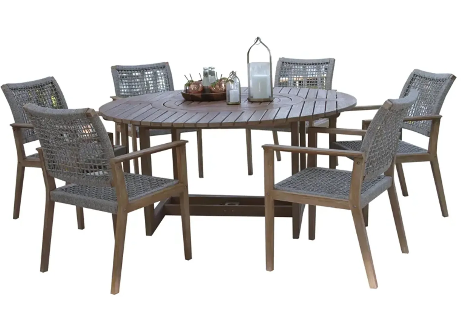 Nautical 7 pc. Lazy Susan Table with Rope Chairs in Wheat by Outdoor Interiors