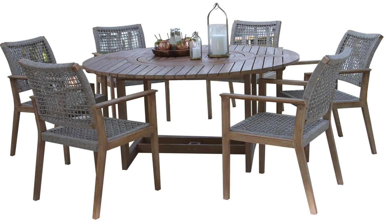 Nautical 7 pc. Lazy Susan Table with Rope Chairs in Wheat by Outdoor Interiors