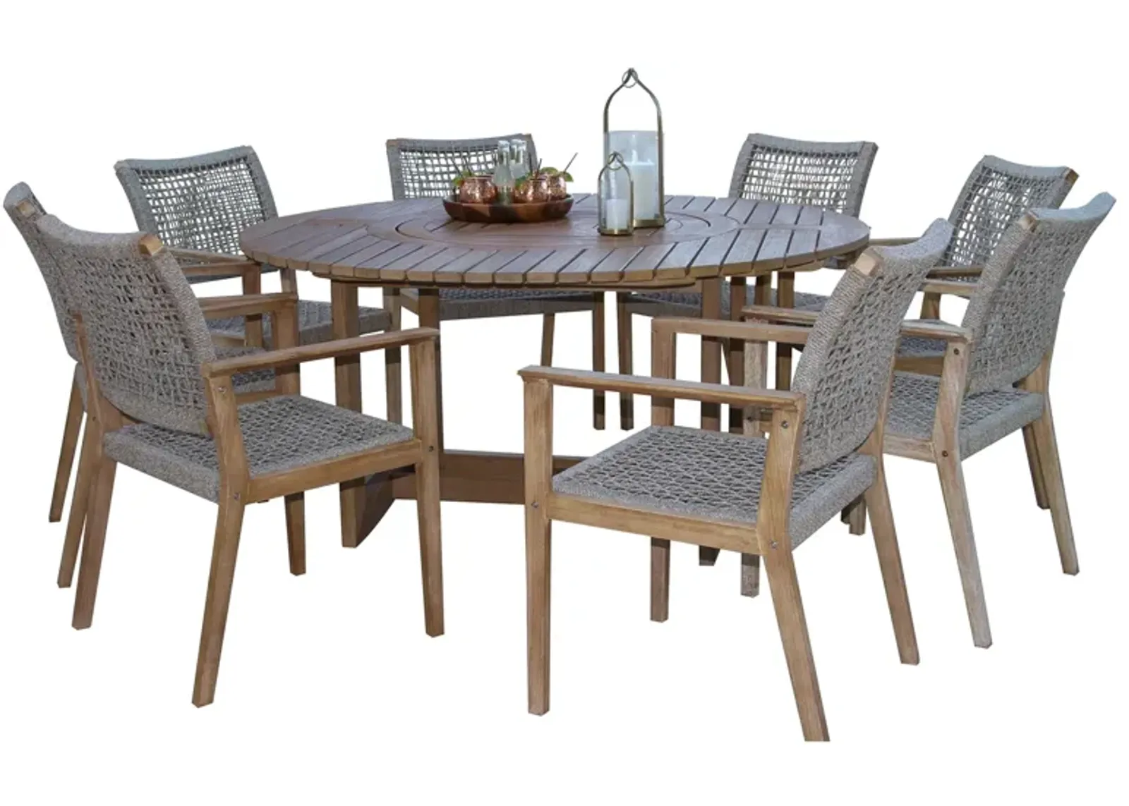 Nautical 9 pc. Lazy Susan Table with Rope Chairs in Wheat by Outdoor Interiors