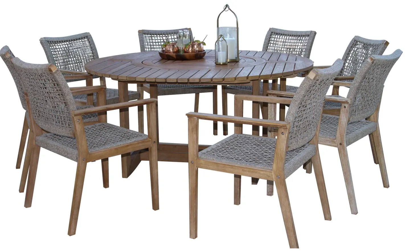 Nautical 9 pc. Lazy Susan Table with Rope Chairs in Wheat by Outdoor Interiors
