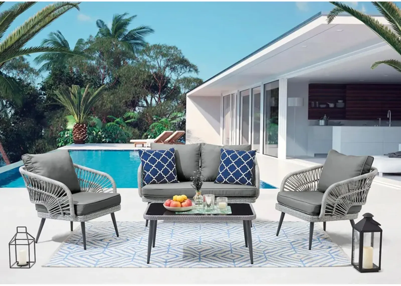 Riviera 4-pc Patio Conversation Set in Gray by Manhattan Comfort