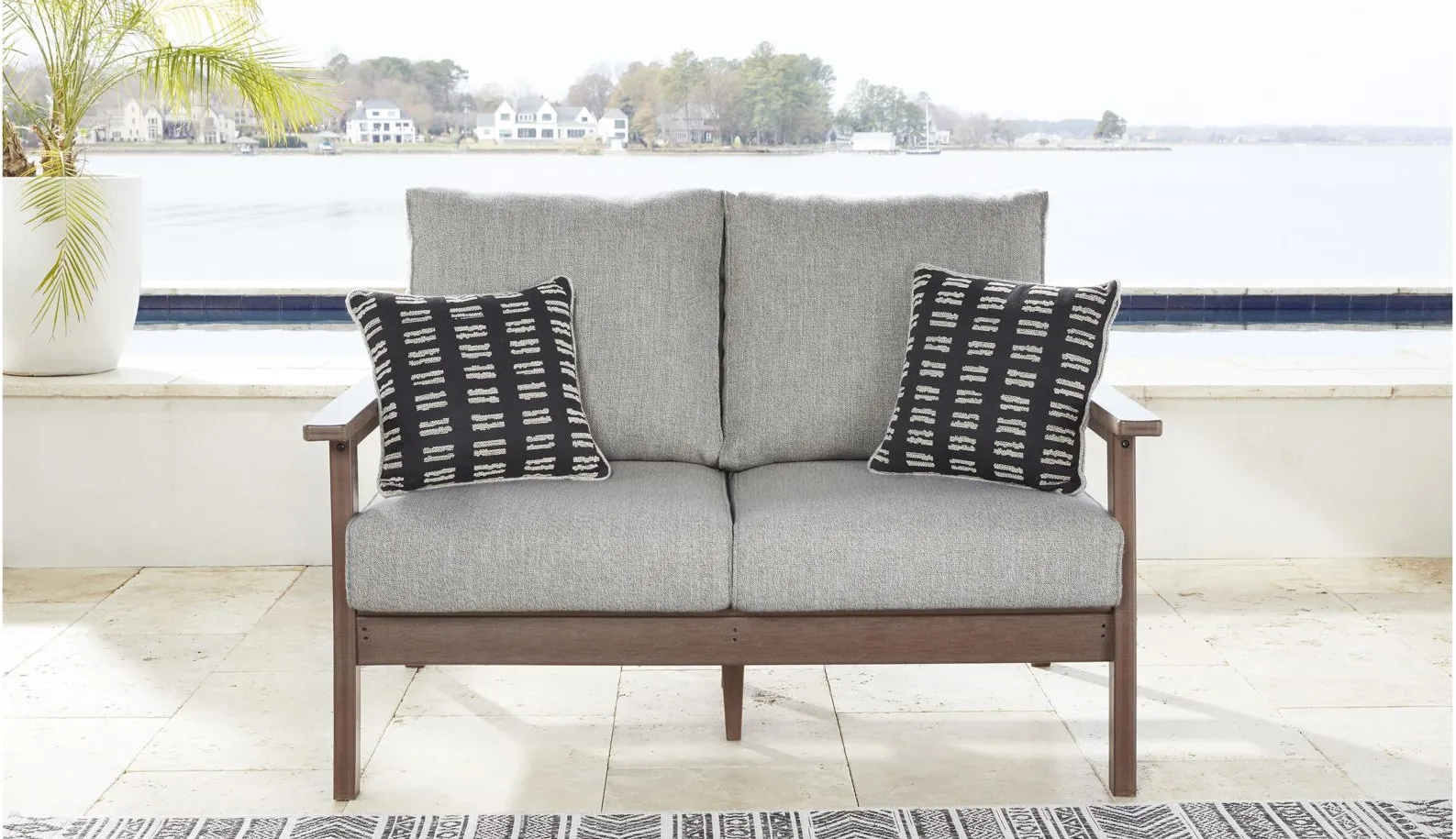 Emmeline Outdoor Loveseat in Brown/Beige by Ashley Furniture