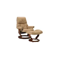 Stressless Ruby Small Leather Reclining Chair and Ottoman in Sand / Brown by Stressless