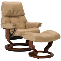 Stressless Ruby Small Leather Reclining Chair and Ottoman in Sand / Brown by Stressless