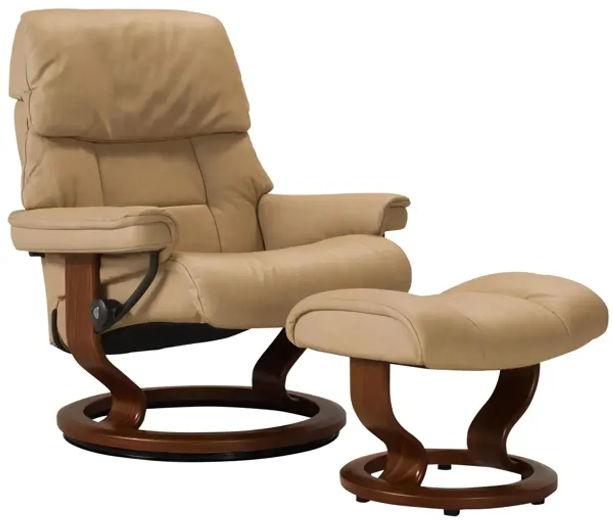 Stressless Ruby Large Leather Reclining Chair and Ottoman in Sand / Brown by Stressless