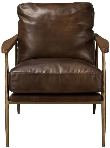 Christopher Club Chair in Antique Brown leather upholstery, Rubberwood arms, brass iron base by Classic Home
