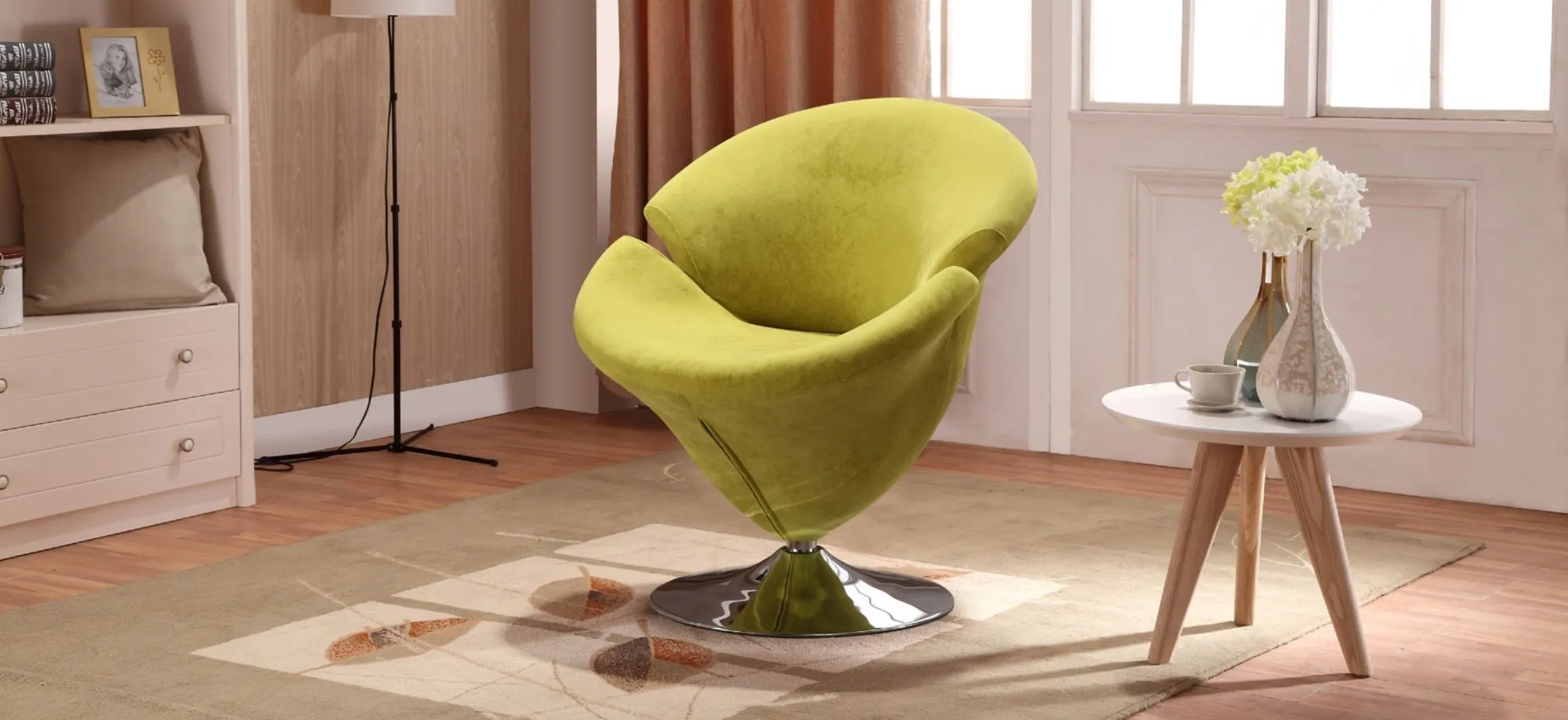 Tulip Swivel Accent Chair in Green and Polished Chrome by Manhattan Comfort