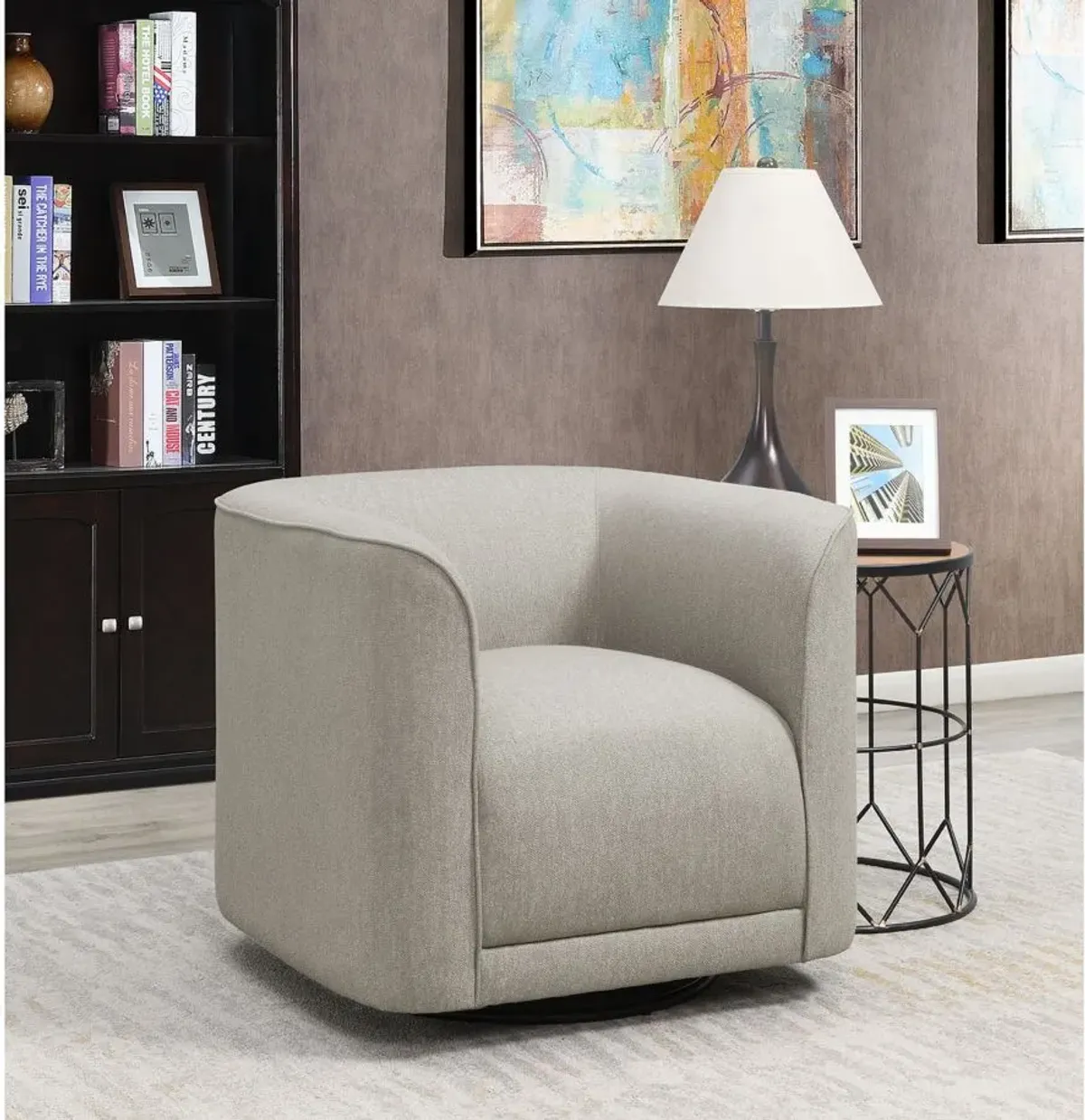 Whirlaway Swivel Accent Chair in Parchment Gray by Emerald Home Furnishings