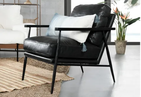 Christopher Club Chair in Black leather upholstery, Rubberwood arms, black iron base by Classic Home