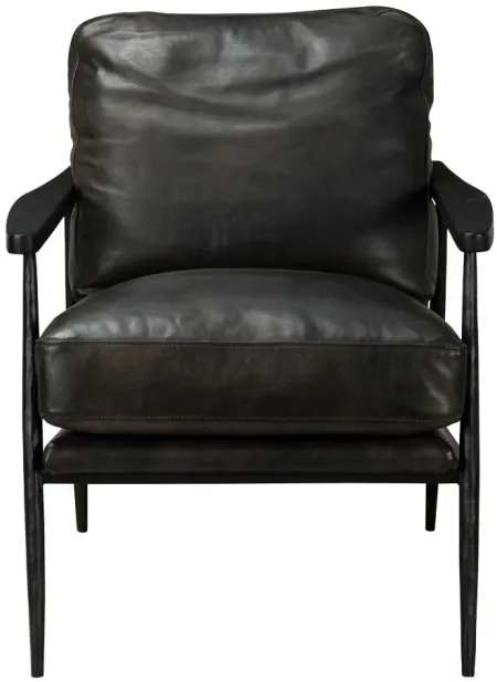 Christopher Club Chair in Black leather upholstery, Rubberwood arms, black iron base by Classic Home