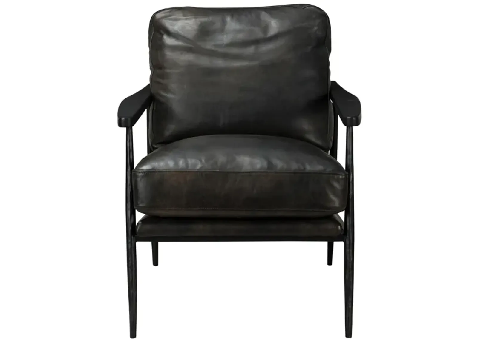 Christopher Club Chair in Black leather upholstery, Rubberwood arms, black iron base by Classic Home