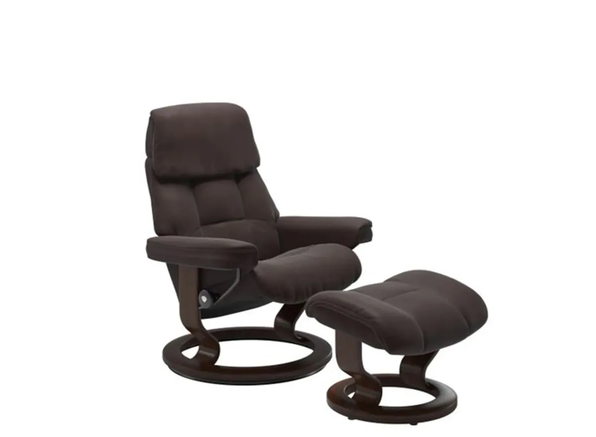 Stressless Ruby Small Classic Leather Reclining Chair and Ottoman in Paloma Chocolate/Brown by Stressless