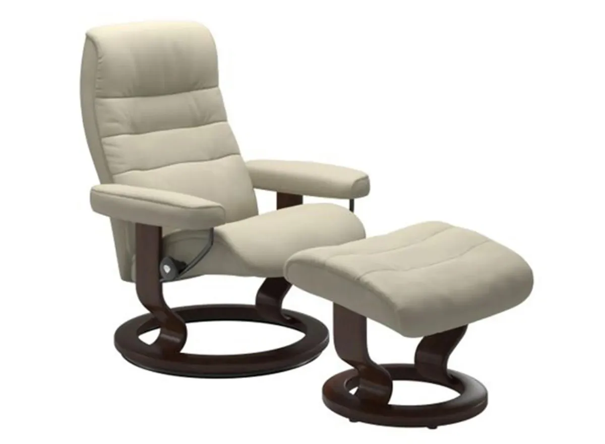 Stressless Opal Small Classic Reclining Chair and Ottoman in Paloma Light Grey/Brown by Stressless