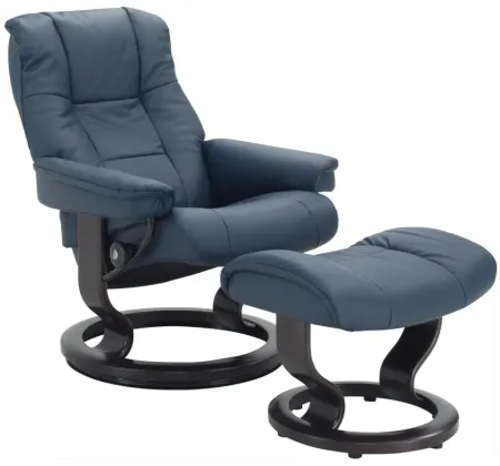 Stressless Mayfair Small Leather Reclining Chair and Ottoman in Paloma Oxford Blue by Stressless