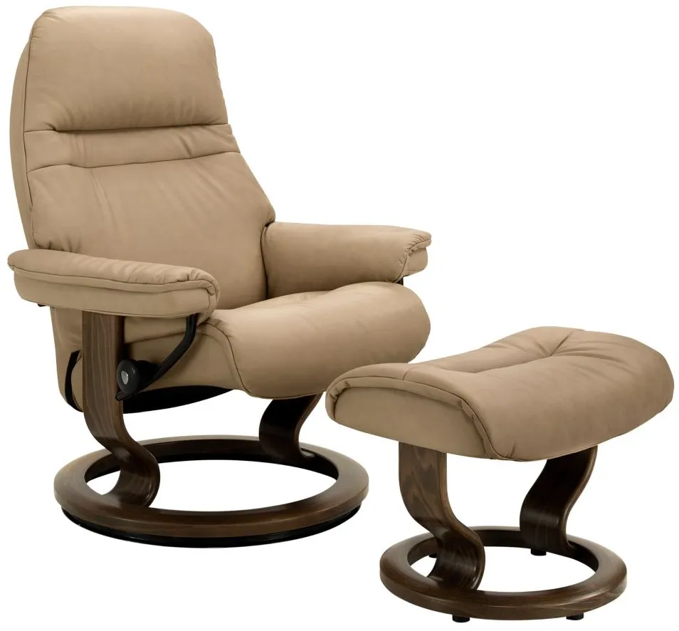 Stressless Sunrise Medium Leather Chair and Ottoman in Sand by Stressless