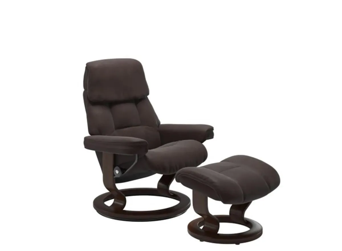 Stressless Ruby Medium Classic Leather Reclining Chair and Ottoman in Paloma Chocolate/Brown by Stressless